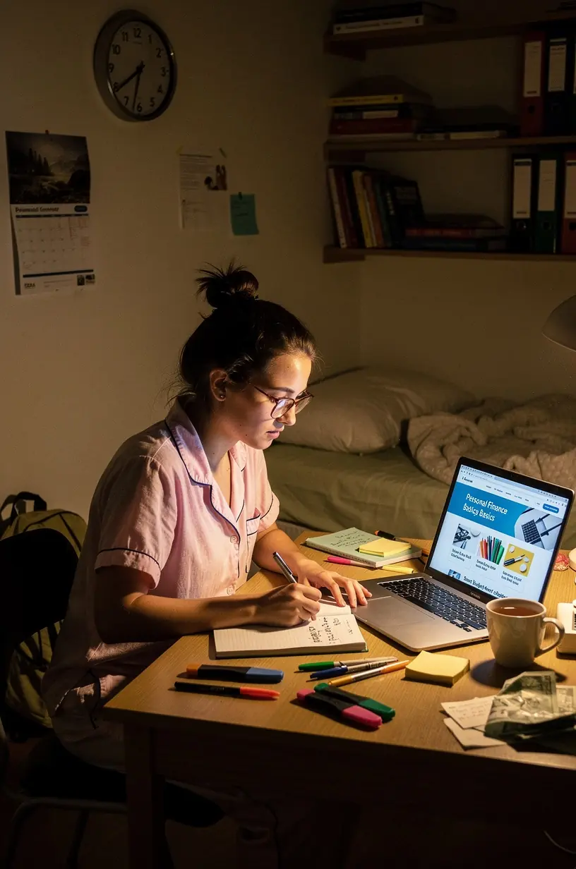 Nyugodt otthoni környezet, ahol valaki könyvet olvas a személyes pénzügyek alapjairól.